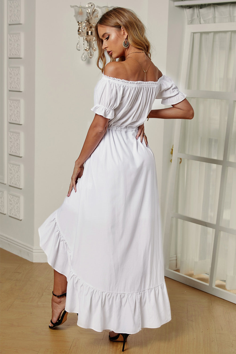 White Off the Shoulder Dress High Low Maxi Dress - Image 2