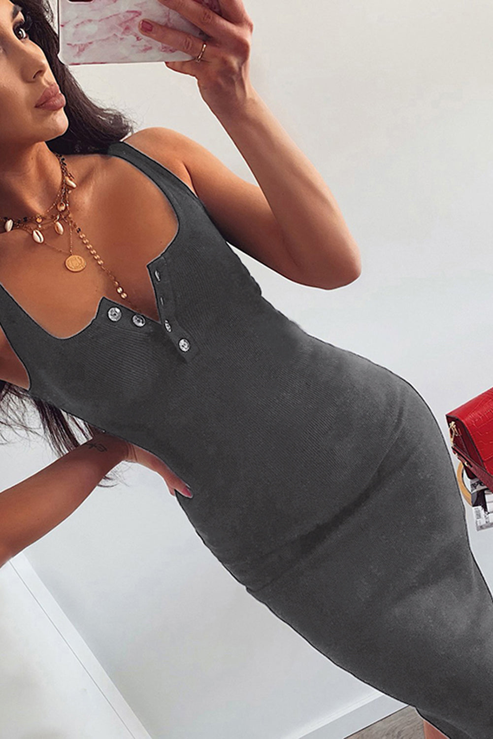 Womens Sleeveless Tank Dress Buttons Ribbed Knit Bodycon Midi Dress - Image 5
