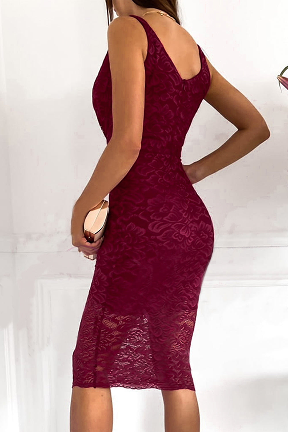 Women's Floral Lace Sleeveless Party Dresses Deep V Neck Bodycon Pencil Midi Dress - Image 3