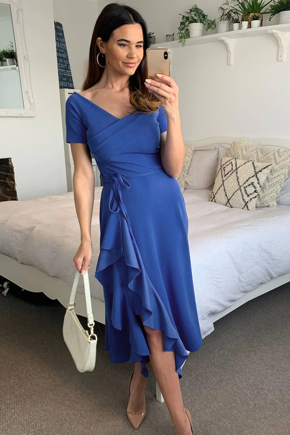 Women's Boho Wrap V Neck Dresses Short Sleeve Ruffle Summer Midi Dress - Image 5