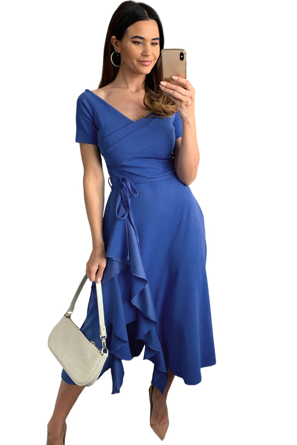 Women's Boho Wrap V Neck Dresses Short Sleeve Ruffle Summer Midi Dress - Image 3