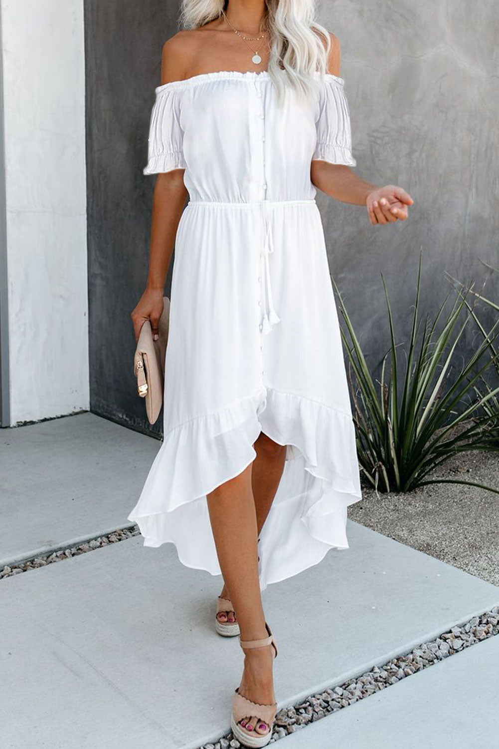 White Off the Shoulder Dress High Low Maxi Dress - Image 3