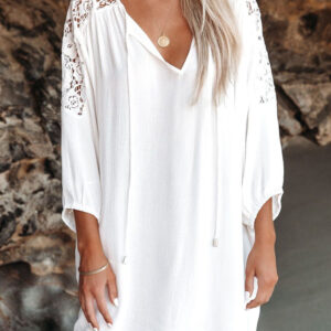 Women's Summer T Shirt Dress V Neck Lace Shoulder Loose Beach Mini Dress
