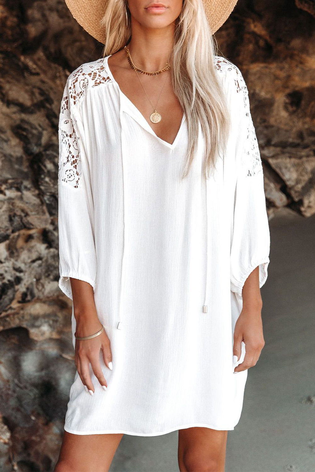 Women's Summer T Shirt Dress V Neck Lace Shoulder Loose Beach Mini Dress