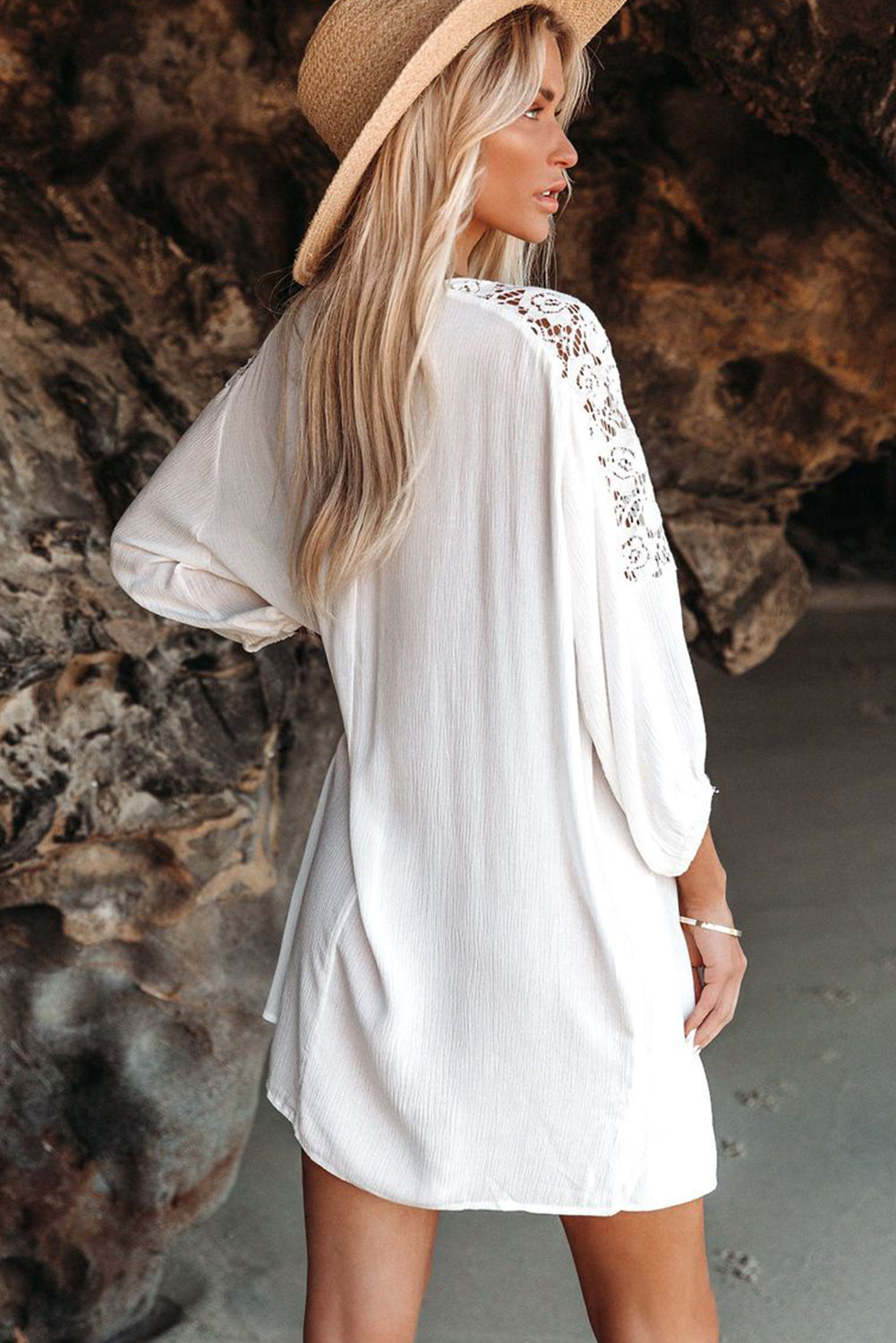 Women's Summer T Shirt Dress V Neck Lace Shoulder Loose Beach Mini Dress - Image 3