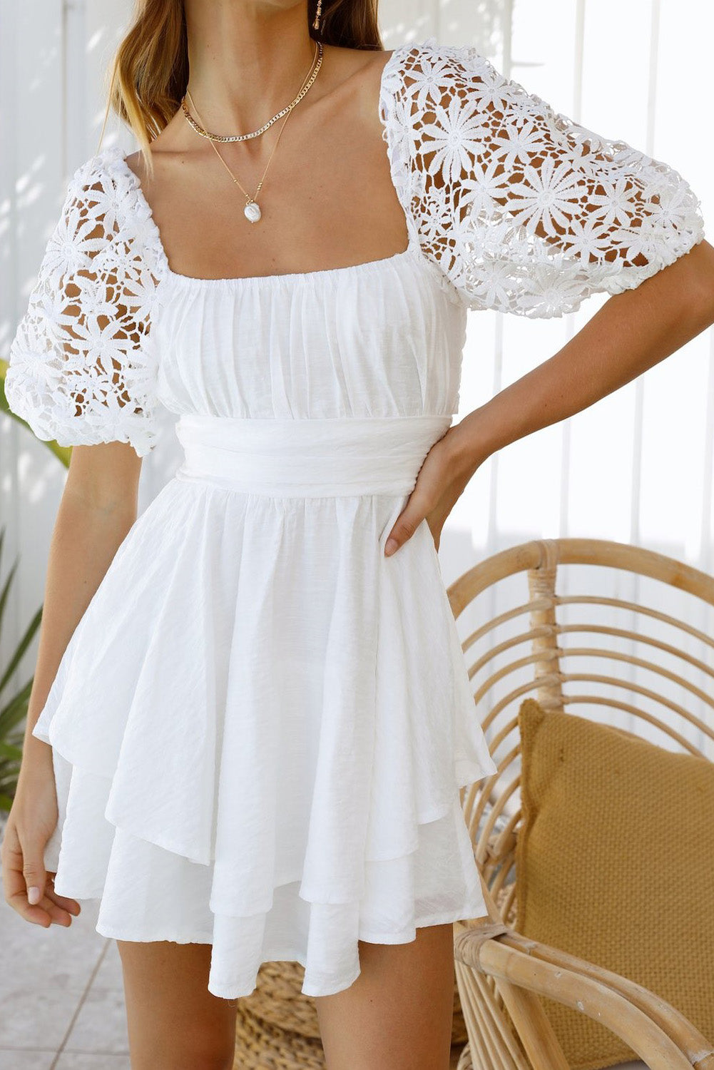 Women's Summer Mini Puff Sleeve Dress Square Neck Lace Ruffle A Line Dress - Image 4