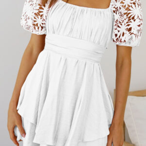Women's Summer Mini Puff Sleeve Dress Square Neck Lace Ruffle A Line Dress