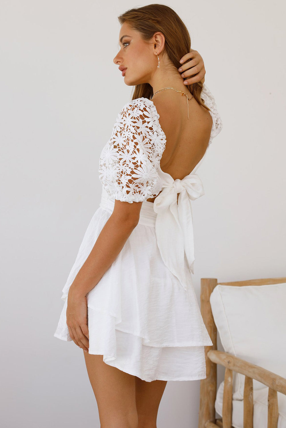 Women's Summer Mini Puff Sleeve Dress Square Neck Lace Ruffle A Line Dress - Image 2