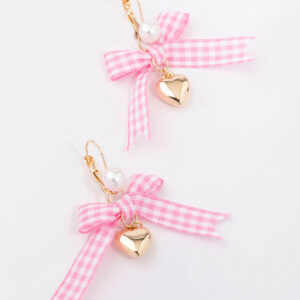 Pink Gingham Bow & Heart Earrings