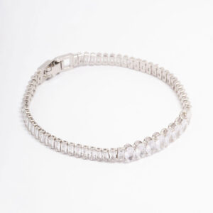 Rhodium Round Emerald-Cut Rectangular Tennis Bracelet