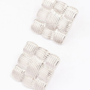 Rhodium Quilted Square Stud Earrings