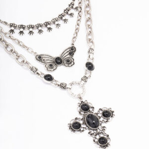 Antique Butterfly Cross Stone Layered Necklace