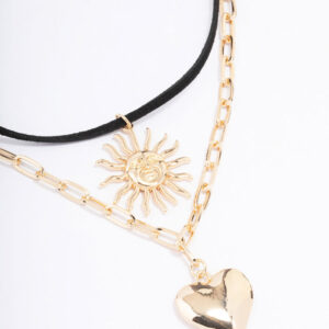 Heart Sun Cord Layered Necklace