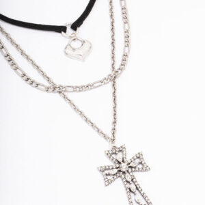 Rhodium Cross Cord Layered Necklace