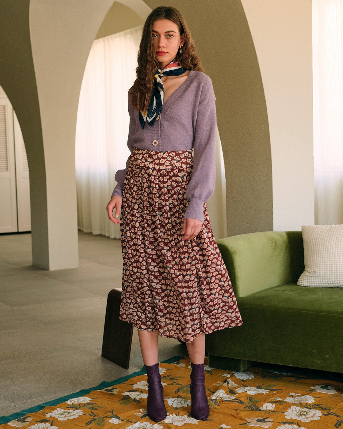 The High Waisted Floral Pleated Midi Skirt - Image 4