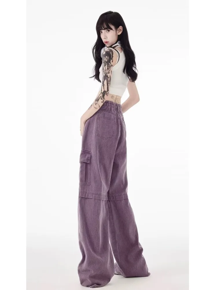 Vintage Purple Cargo Pants New Style Multi Pocket High Waist Casual Loose Drag Thin Wide Leg Pants Women's Jeans - Image 5