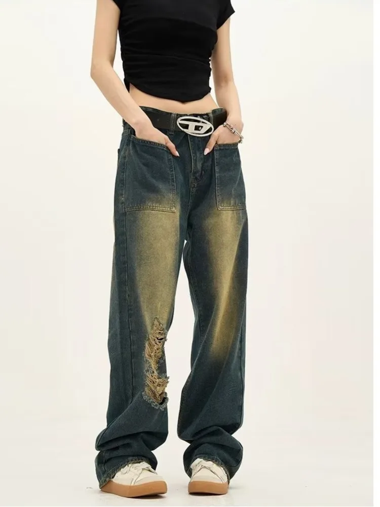 High Street Trendy Brand Jeans Women's Summer New Small Style Retro Straight Tube Floor Sweeping Design Women's Denim Pants - Image 4