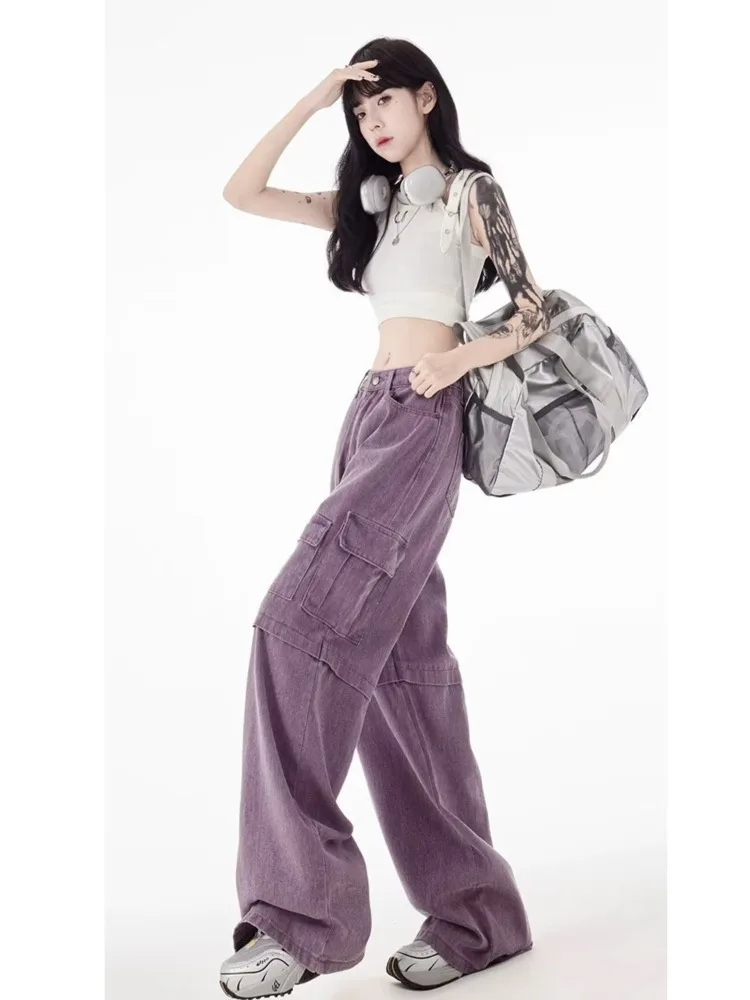 Vintage Purple Cargo Pants New Style Multi Pocket High Waist Casual Loose Drag Thin Wide Leg Pants Women's Jeans - Image 6