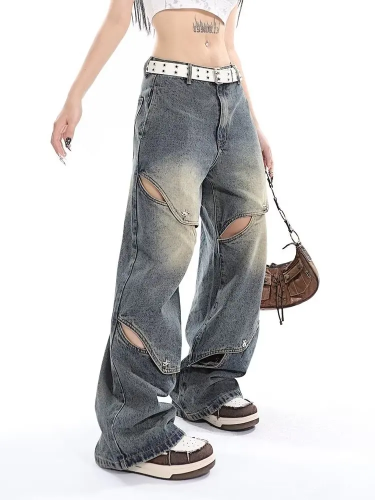 Small crowd deconstruction design sense jeans, high street wide leg pants, high-end floor long pants, trendy brand women's jeans - Image 4