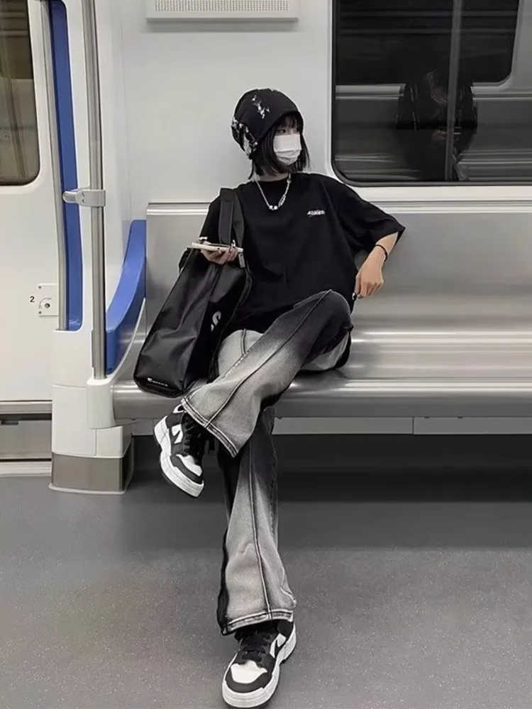 Spliced Jeans With Old Zippers, High Street Insets, Trendy Gradient Straight Tube Loose Wide Leg Pants, Children's Jeans - Image 2