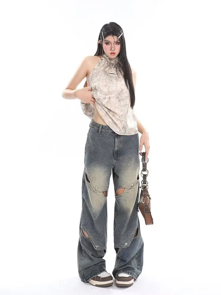 Small crowd deconstruction design sense jeans, high street wide leg pants, high-end floor long pants, trendy brand women's jeans