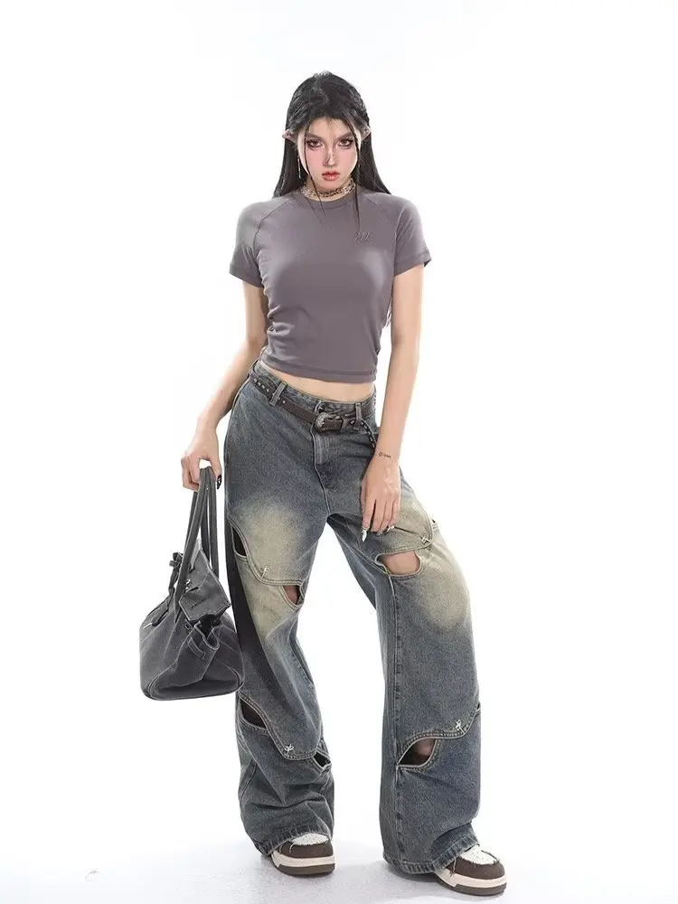 Small crowd deconstruction design sense jeans, high street wide leg pants, high-end floor long pants, trendy brand women's jeans - Image 3