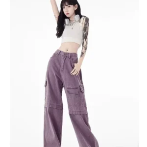 Vintage Purple Cargo Pants New Style Multi Pocket High Waist Casual Loose Drag Thin Wide Leg Pants Women's Jeans