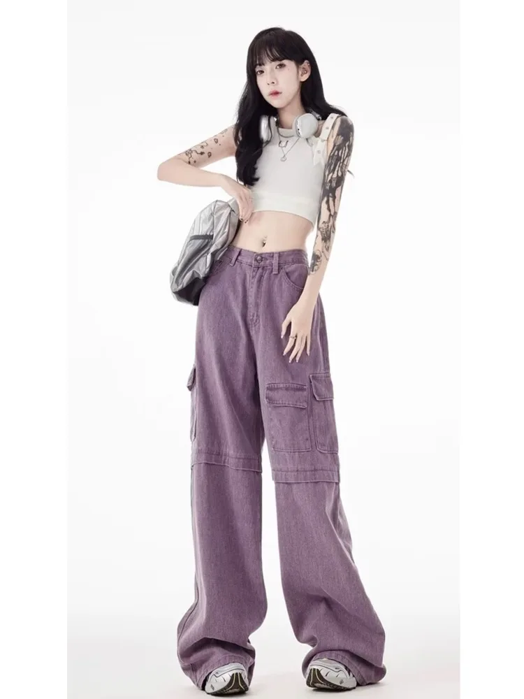 Vintage Purple Cargo Pants New Style Multi Pocket High Waist Casual Loose Drag Thin Wide Leg Pants Women's Jeans - Image 3
