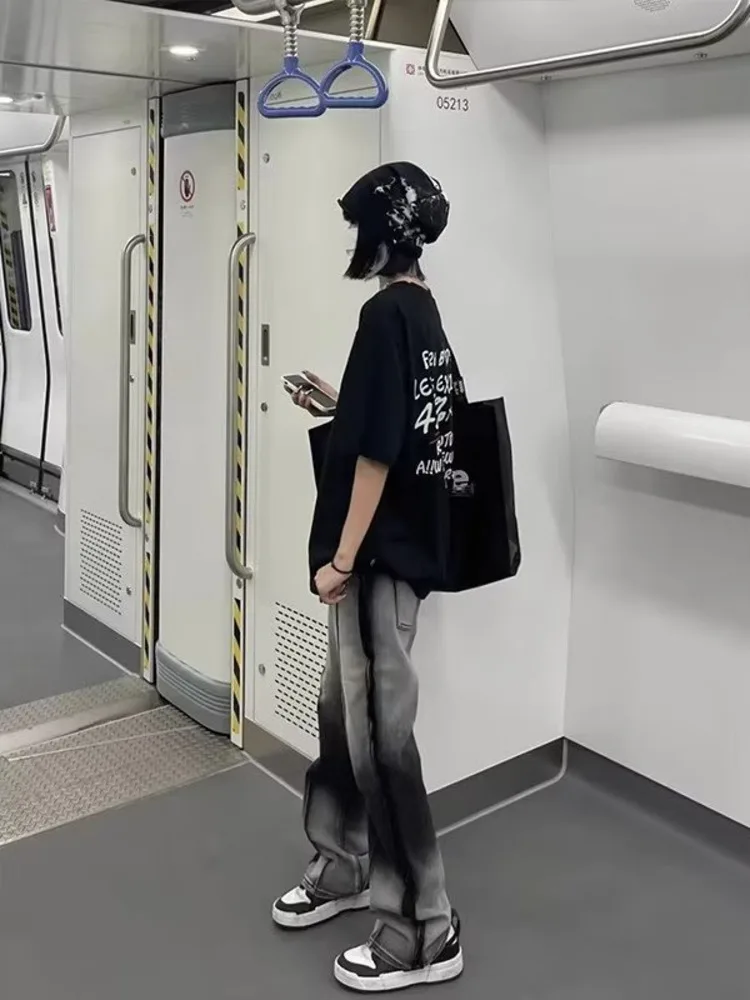 Spliced Jeans With Old Zippers, High Street Insets, Trendy Gradient Straight Tube Loose Wide Leg Pants, Children's Jeans - Image 4