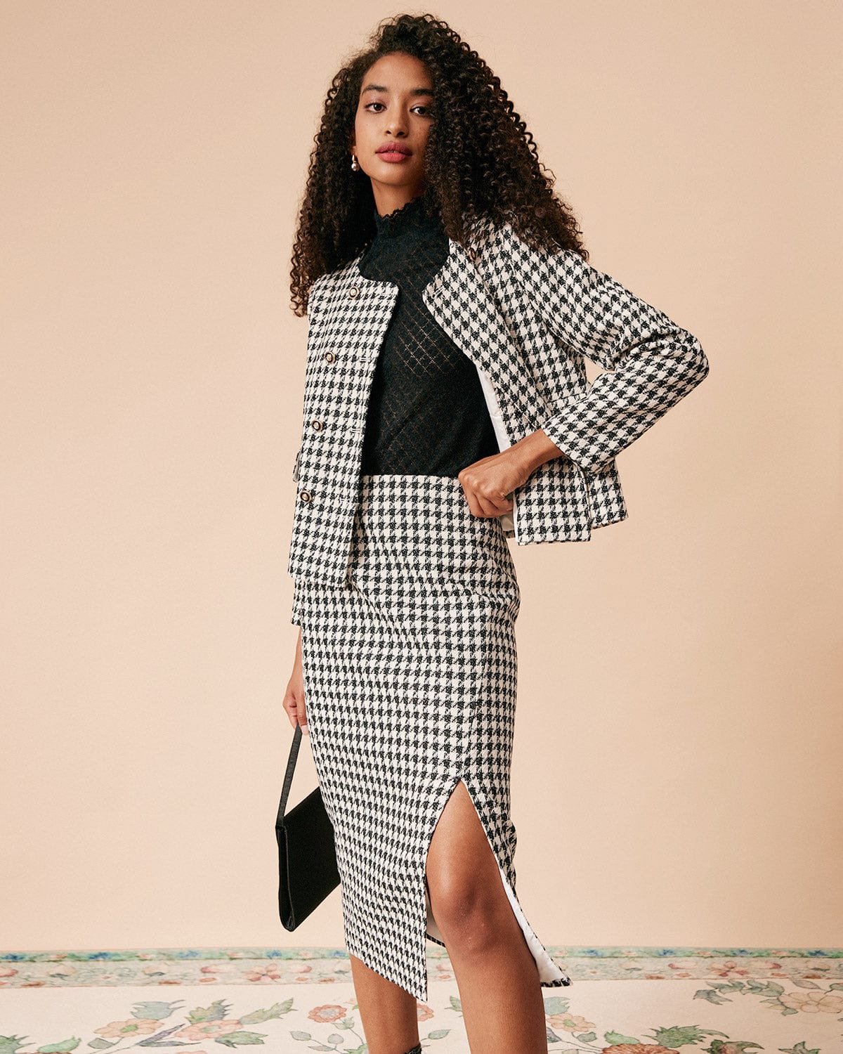 The High Waisted Plaid Tweed Slit Skirt - Image 2