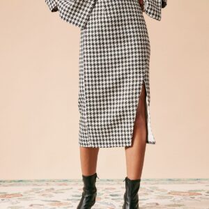 The High Waisted Plaid Tweed Slit Skirt