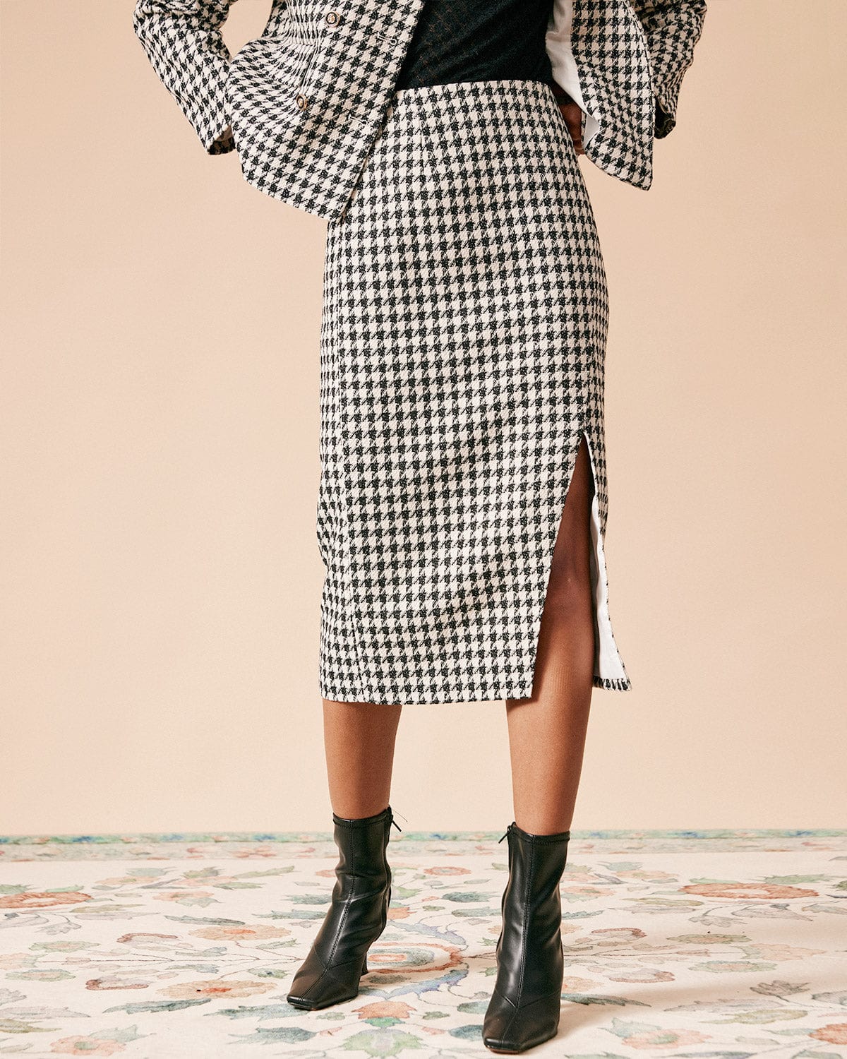 The High Waisted Plaid Tweed Slit Skirt