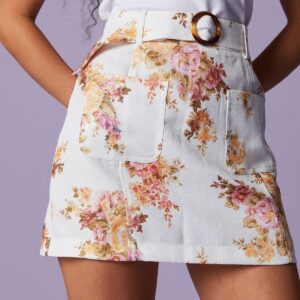 The Beige High Waisted Floral Belted Mini Skirt