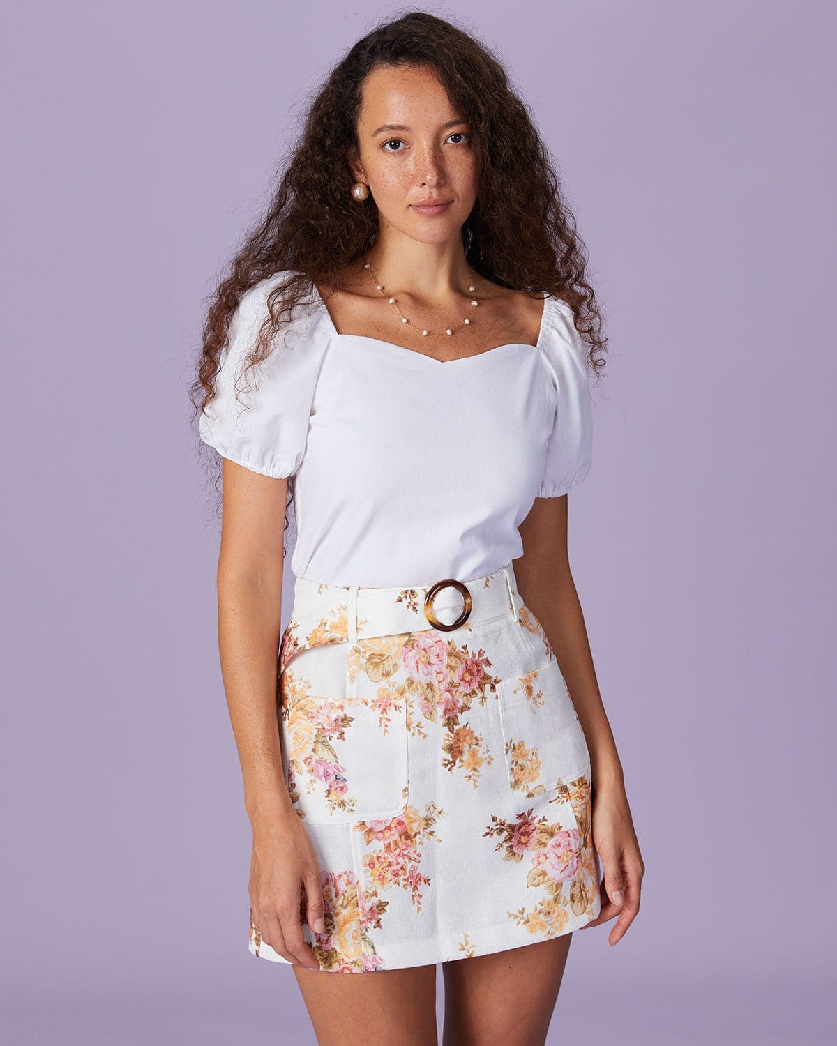 The Beige High Waisted Floral Belted Mini Skirt - Image 2