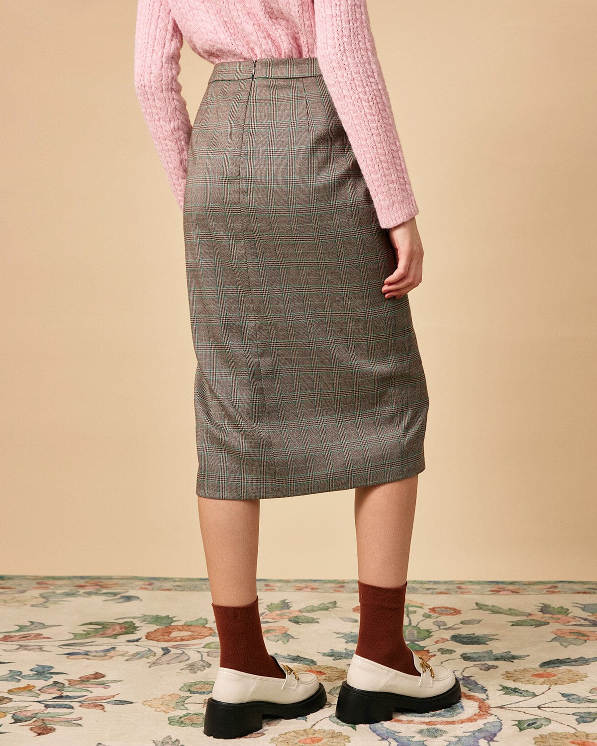 The High Waisted Side Slit Plaid Midi Skirt - Image 5