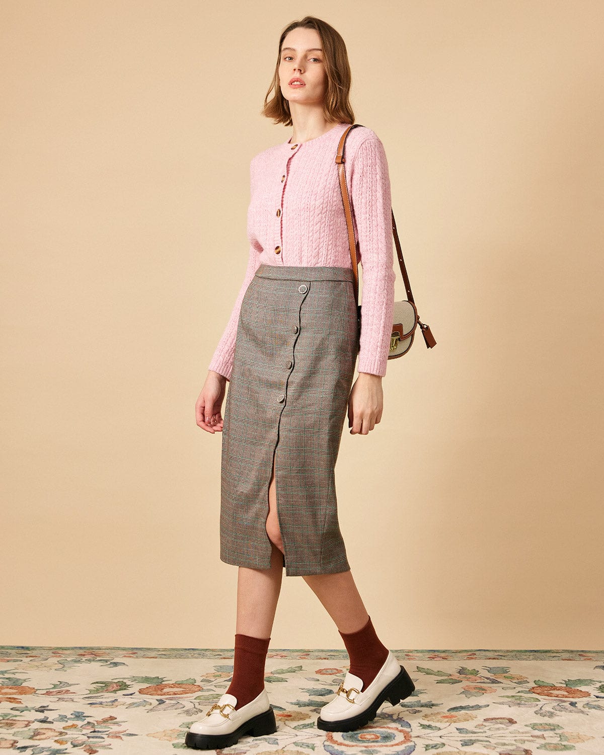 The High Waisted Side Slit Plaid Midi Skirt - Image 3