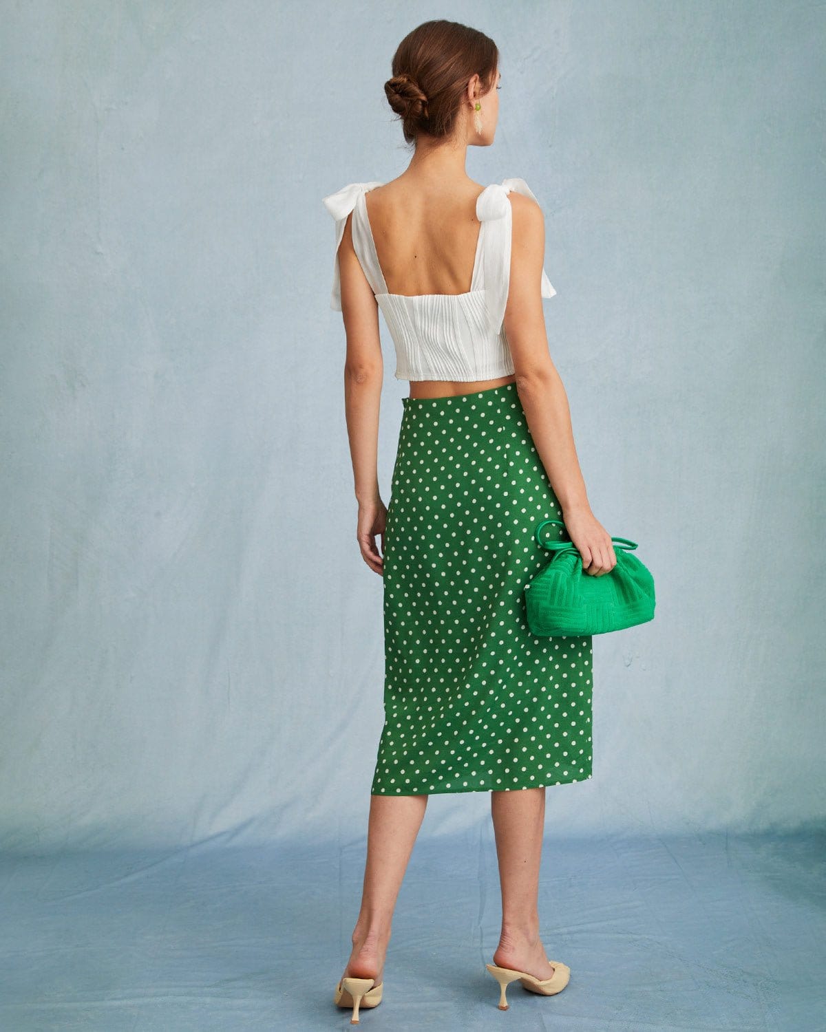 The Green High Waisted Polka Dot Slit Midi Skirt - Image 5