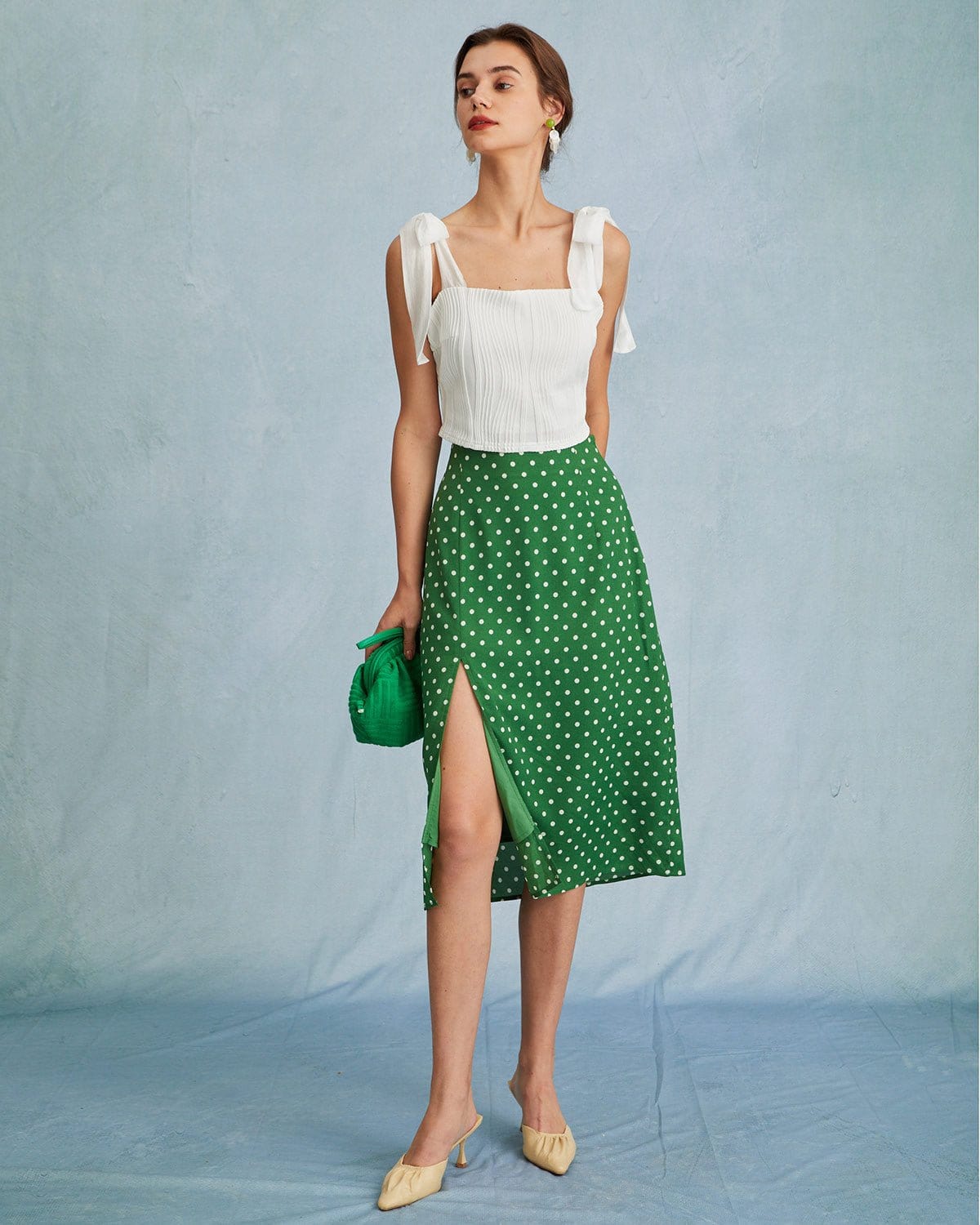 The Green High Waisted Polka Dot Slit Midi Skirt - Image 4