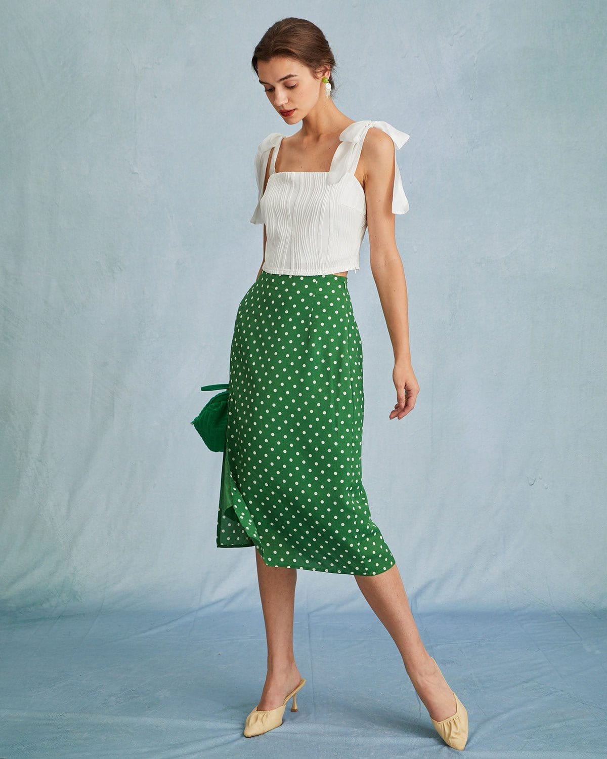 The Green High Waisted Polka Dot Slit Midi Skirt - Image 3