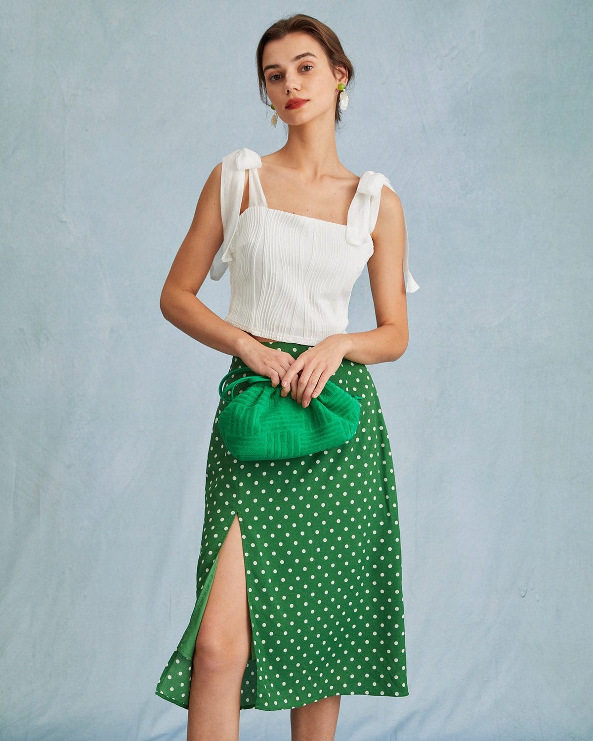 The Green High Waisted Polka Dot Slit Midi Skirt - Image 2