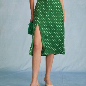 The Green High Waisted Polka Dot Slit Midi Skirt