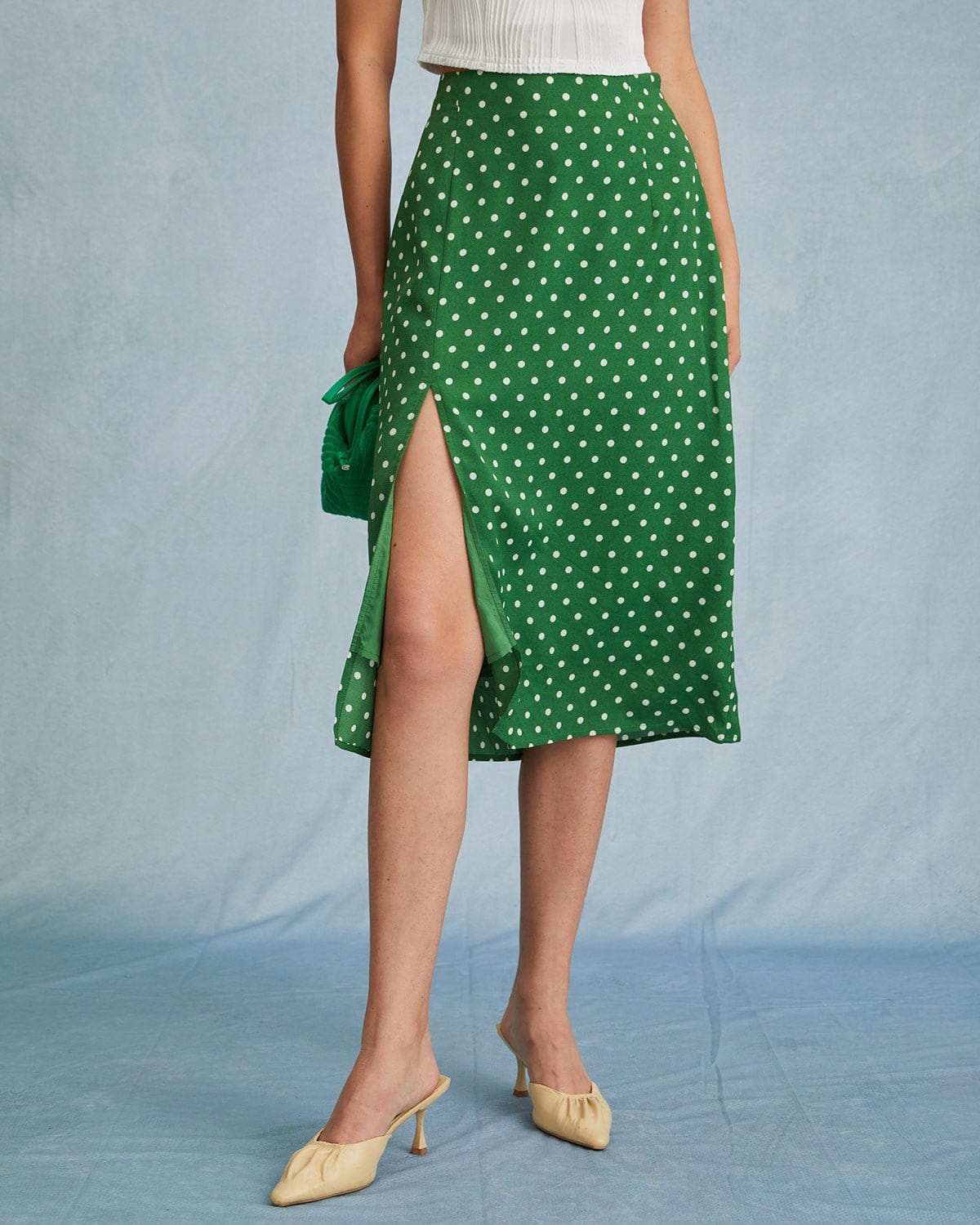 The Green High Waisted Polka Dot Slit Midi Skirt