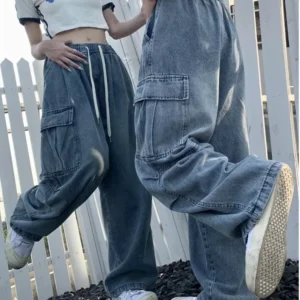 Retro Style Straight Leg Jeans For Female Niche Design, Loose And Multi Pocket Wide Leg Pants For Women's Jeans