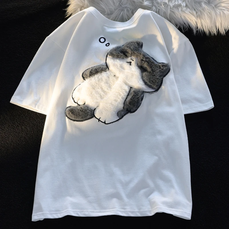2024 Summer New Cartoon Cat Women's T-shirt Korean Simple Casual Women's Short Sleeve T-shirt Fun Sweet Cute Y2K Tops - Image 3