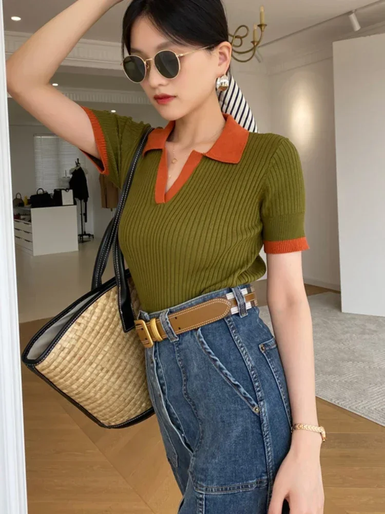 Women's T-shirt Polo Collar Short Sleeve Fashion Blouses 2024 Female Slim Knitted Tee White Skinny Casual Women Summer Tank Top - Image 3