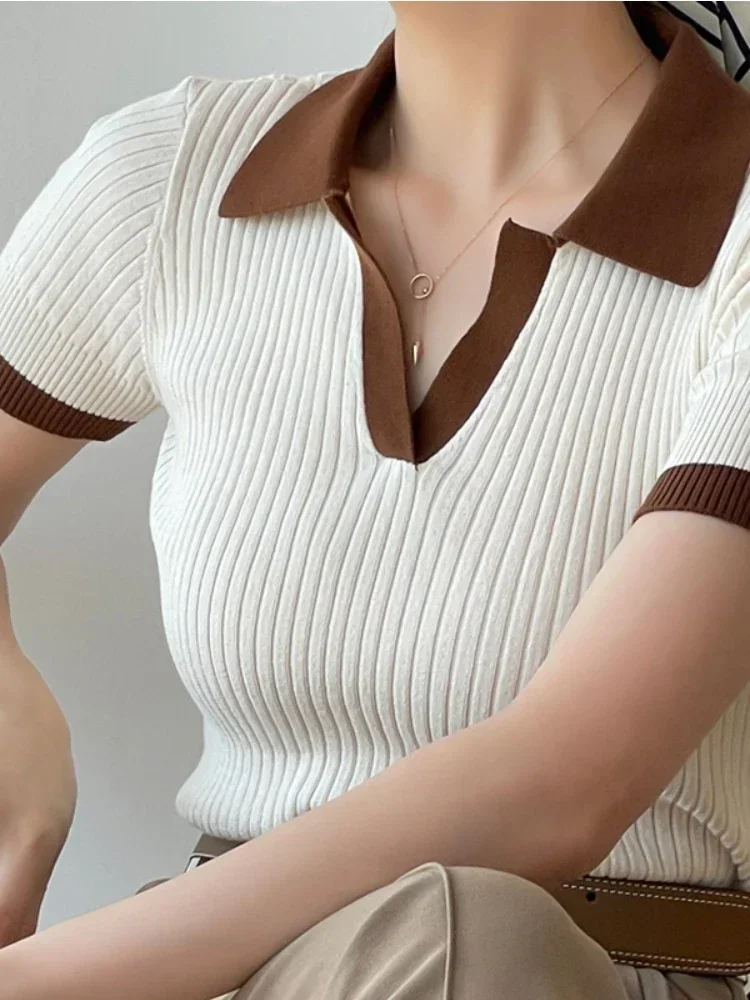 Women's T-shirt Polo Collar Short Sleeve Fashion Blouses 2024 Female Slim Knitted Tee White Skinny Casual Women Summer Tank Top - Image 4