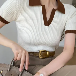 Women's T-shirt Polo Collar Short Sleeve Fashion Blouses 2024 Female Slim Knitted Tee White Skinny Casual Women Summer Tank Top