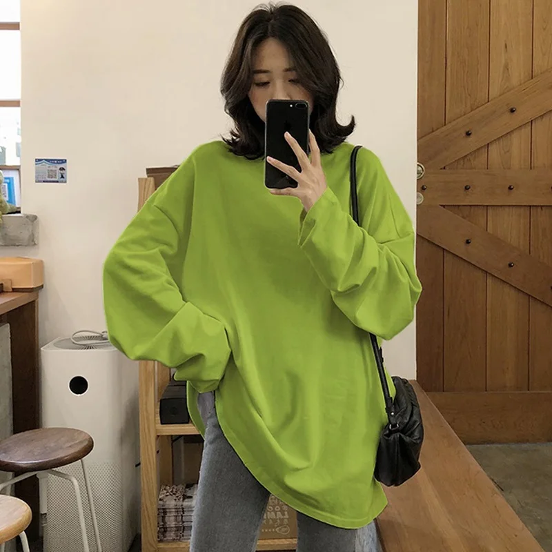 spring autumn Solid Simple oversized tshirt harajuku long T Shirt Women kawaii T-shirts Women 90s White yellow long Sleeve Tops - Image 4