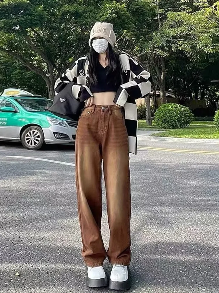 Feynzz European And American Retro Brown Jeans Women's Spring And Autumn High-waisted Straight-leg Loose And Thin Wide-leg Pants - Image 3