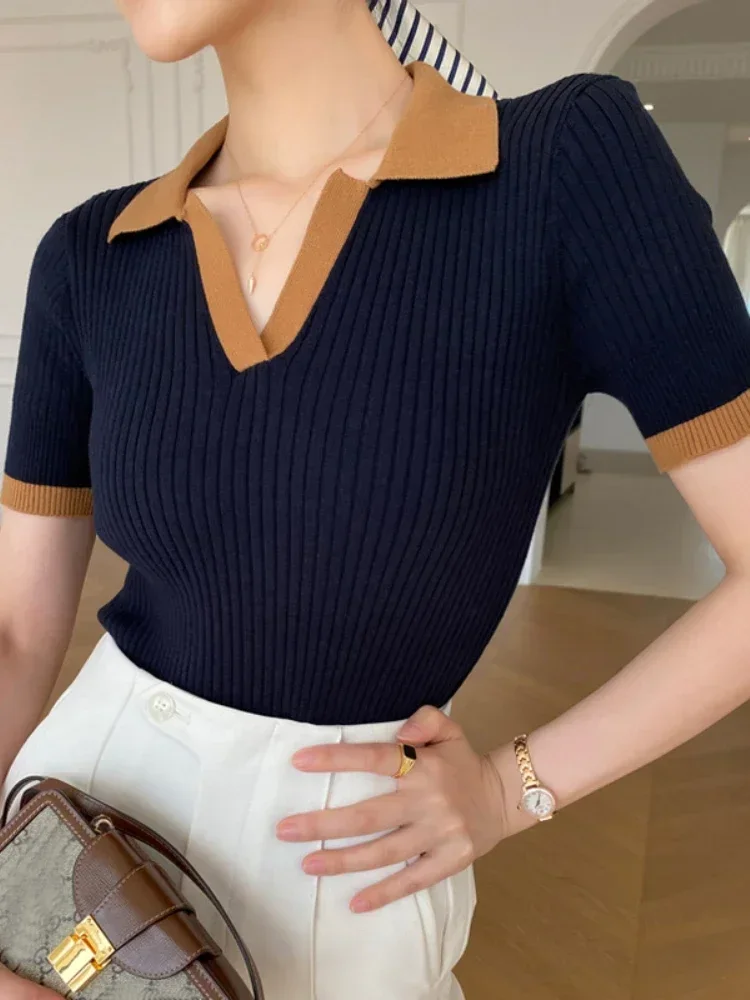 Women's T-shirt Polo Collar Short Sleeve Fashion Blouses 2024 Female Slim Knitted Tee White Skinny Casual Women Summer Tank Top - Image 2